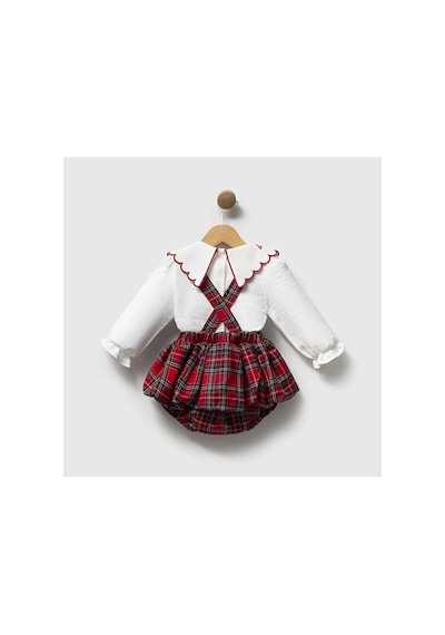 Ministok Baby Bloom Ekose Desenli Yakası Nakışlı Kız Bebek Blüzlü Salopet Kırmızı
