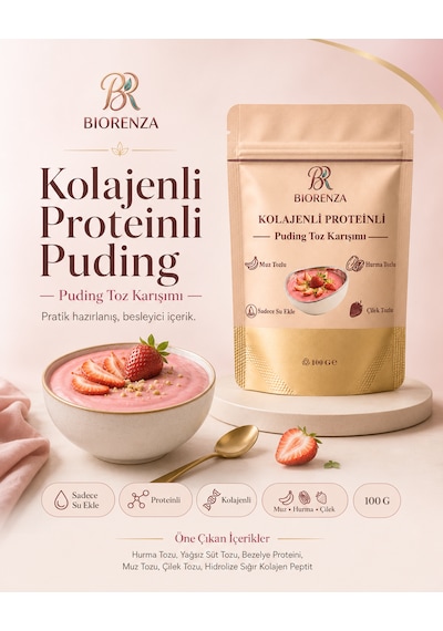 Kolajenli Proteinli Meyveli Puding Tozu Muzlu Çilekli Hurma Tozlu Şeker İlavesiz 100 G