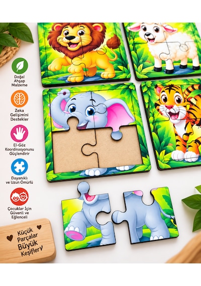 8 Adet 10x10 Cm Ahşap Hayvanlar Mini Puzzle Seti Animal