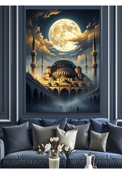Ahşap Tablo Dolunay Altında Tarihi Camii Silüeti
