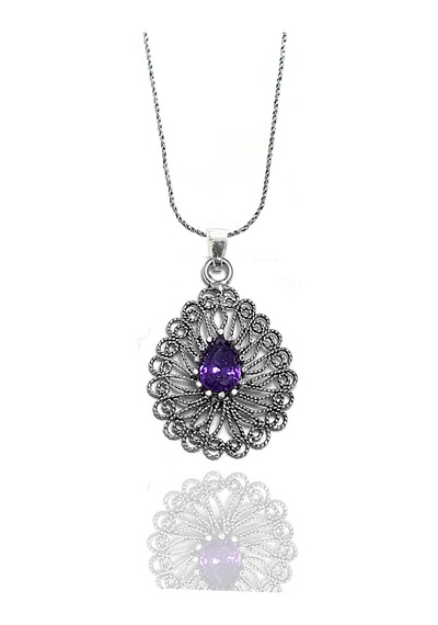 Midyat Nurtaş Gümüş Ametist Taşlı Damla Model Kadın 925 Ayar Gümüş Telkari Üçlü Set 201024778