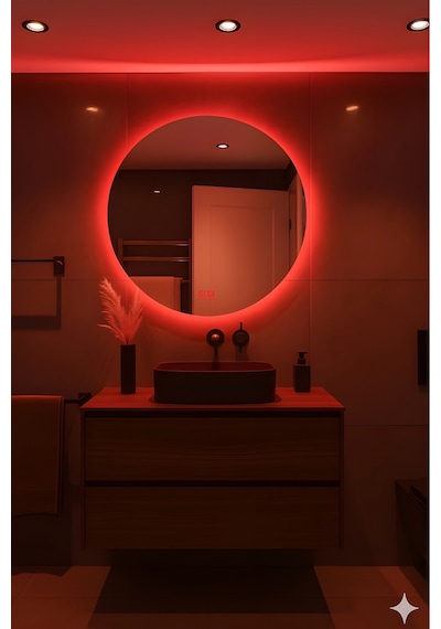 Digital Hayat Buğu Çözücü Dokunmatik Dimlenebilir Yuvarlak Ayna Kırmızı Işıklı Led Dekoratif Banyo Makyaj Aynası Kırmızı