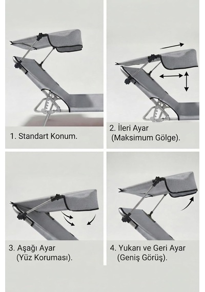 Ecm Proger Gölgelikli Katlanabilir Şezlong, Havuz, Bahçe Ve Teras İçin, Yastıklı, Alüminyum, Gr Gri