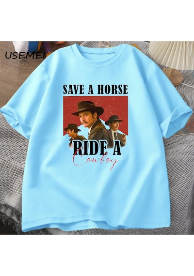 Flood Of Style Pedro Pascal T-shirt Kovboy Grafik Tshirt Bir At Binmek Bir Kovboy Tees Pablo Escobar Lats Of Mavi