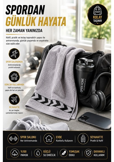 Gri 30x100 Cm %100 Pamuk 450 Gsm Spor Havlusu Fitness Gym Boks Tenis Golf Yüz Havlusu Yıkanabilir