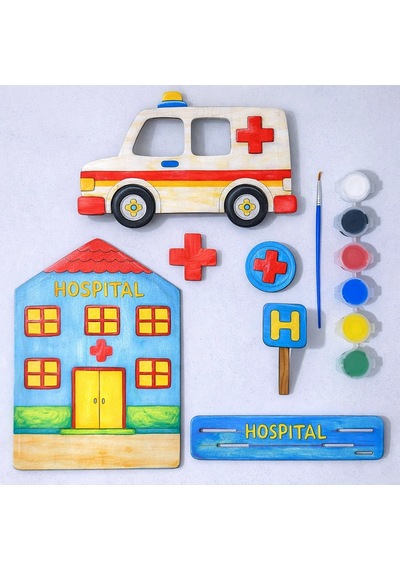 Hastane Ve Ambulans Ahşap Boyama Etkinlik Seti Eğitici Çocuk Aktivite Fırça Akrilik Boya Kreş Okul