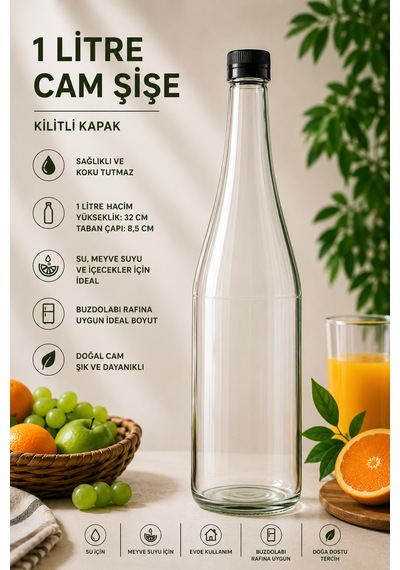 1 Adet Şerbetlik Siyah Plastik Kapaklı Cam Şişe 1 Litre Şeffaf Sürahi Süt, Ayran, Su, Limonata Meşrubat Şişesi