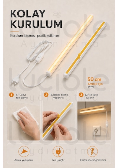 220v Amber Led Bar 50 Cm Fişli Anahtarlı Yapışkanlı Tezgah Altı Dolap İçi Aydınlatma