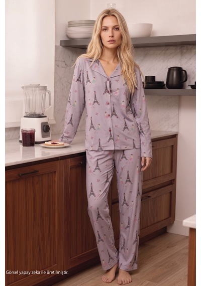 Siyah İnci Lila Desenli Termal Kumaşlı Ultra Soft Yumuşak Düğmeli Örme Pijama Takımı 26226126
