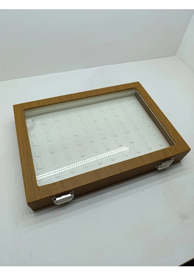 Yeni Cam Kapaklı Deri Kumaş Kahve-krem Renk 34 Cm / 24 Cm Tırnaklı Yüzük Tablası