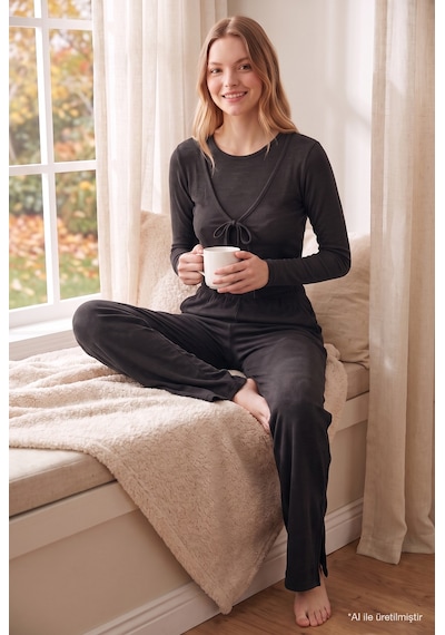 Cottonill Premium - Serene Collection Antrasit Rib Dokulu Önden Bağlamalı Viskon 3'lü Kadın Pijama Takımı