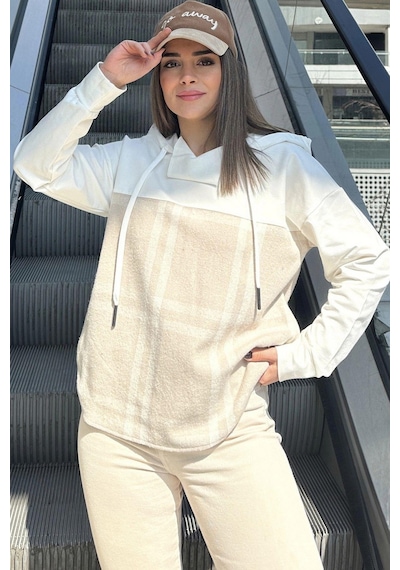 WeShaya Kadın Bej Ekose Garnili, Rahat Kesim, Kapüşonlu İki İplik Sweatshirt Bej