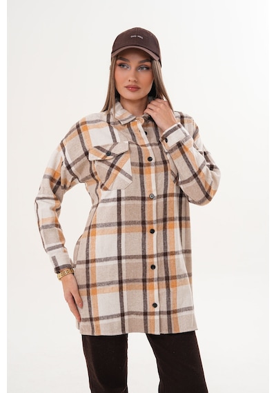 Polologin Butik Kadın Oduncu Çift Cepli Cep Kapaklı Kahverengi Bej Araboy Spor Gömlek Bej