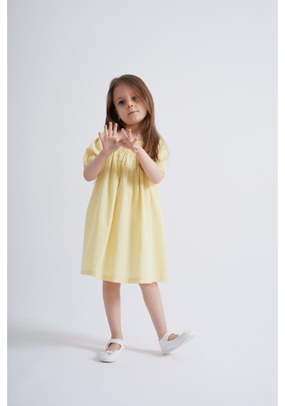 Oliventhekid Sarı Sıra Lastikli Kız Çocuk Elbise Sarı Sarı