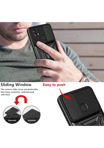 Xiaomi Redmi 10C Kılıf Pars Lens Sürgülü Yüzüklü Standlı Korumalı Kılıf