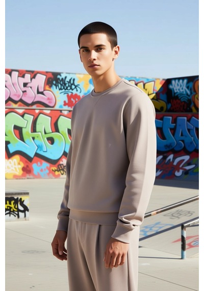 Benerly Erkek Düz Bisiklet Yaka Düşük Kol Uzun Kollu Sweatshirt Fonksiyon Taş