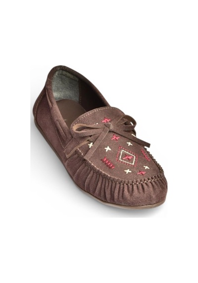Fox Shoes Y996073102 Kahverengi Süet Renkli Motif İşlemeli Kadın Babet Kahverengi