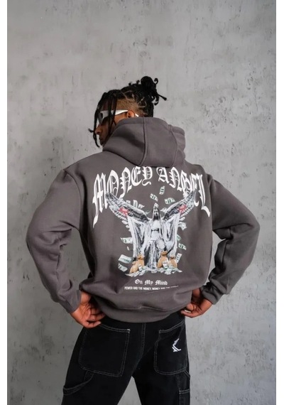 Vexor Erkek Kordon İpli Baskılı Kapüşonlu Sweatshirt - Füme