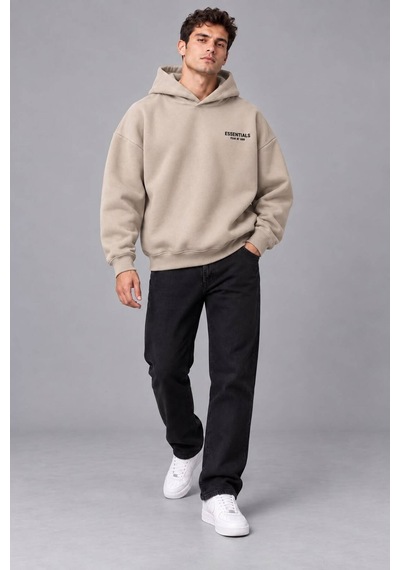 Genel Markalar Unisex Oversize Pikeli Double Face Kapüşonlu Sweatshirt Bej