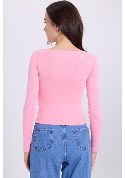 Tudors Kadın Slim Fit Dar Kesim Pamuklu Modal Kumaş Uzun Kollu Kayık Yaka Pembe Bluz-38883 Pembe