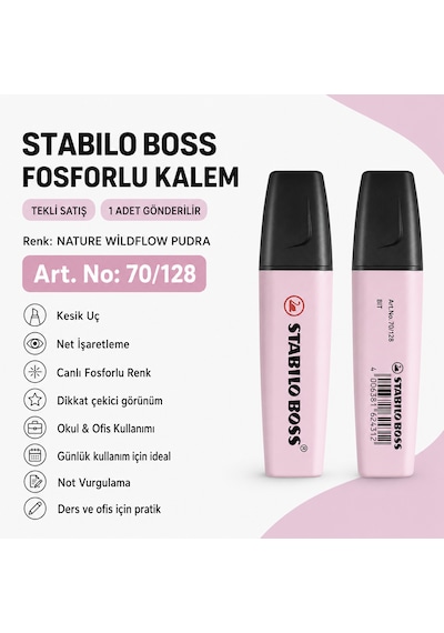 Boss Fosforlu Kalem 1 Adet Metin İşaretleme Kalemi Pudra