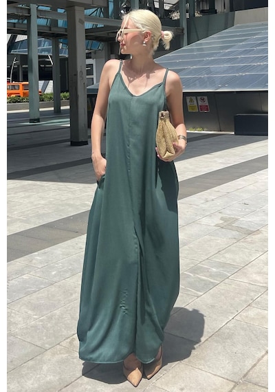 Madmext Yeşil Askılı Oversize Uzun Elbise Mg2038-yeşil