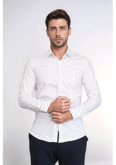 Minimal Bordo Motifli Beyaz Erkek Gömlek Wessi Beyaz