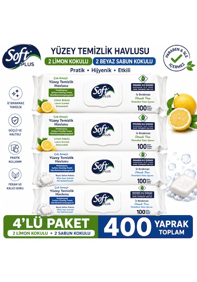 Soft Plus Yüzey Temizlik Havlusu Beyaz Sabun Ve Limon Kokulu 400 Yaprak 4'lü Set