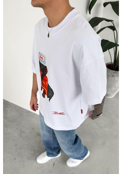 Beyaz Cap Dog Baskılı Premium Oversize Tişört