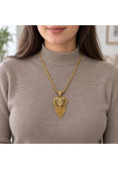 Gold Renk Kalp Motifli Püsküllü Taşsız Hint İşi Halat Zincir Kadın Kolye 60+5 Cm Renkli
