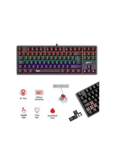 Gameagle 87 Tuşlu Kablolu Mekanik Hissiyatlı Rgb Gaming Klavye Kırmızı Switch Örgü Kablolu Siyah Oyuncu Klavyesi Tenkeyless