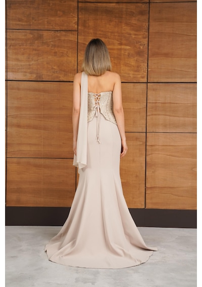 Livanomi Straplez Üstü Taş Aksesuarlı Gold Siyah Abiye Gold