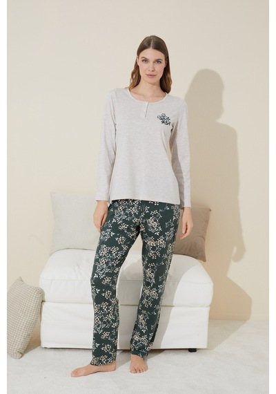 Siyah İnci Düğmeli Pamuklu Örme Pijama Takım 24240099 Bej