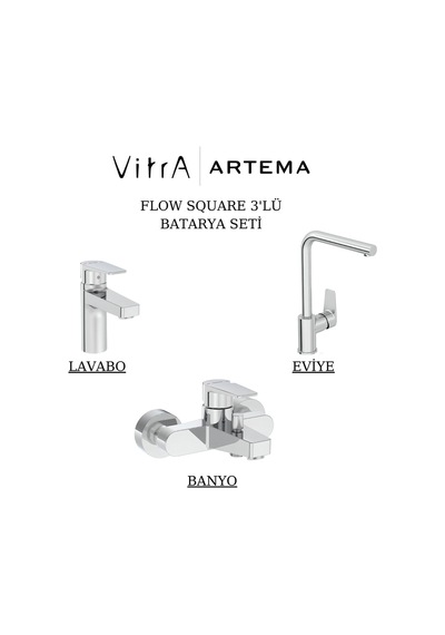 Artema Flow Square Krom Lavabo Banyo Eviye Bataryası 3'lü Set A43044-A43063-A43396 Krom