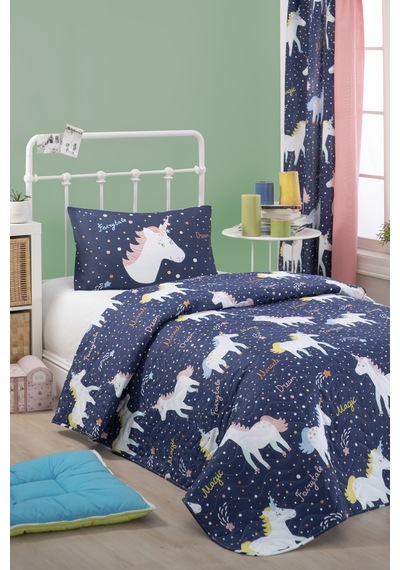 Eponj Home Kapitone Yatak Örtüsü Seti Tek Kişilik Magicunicorn Lacivert