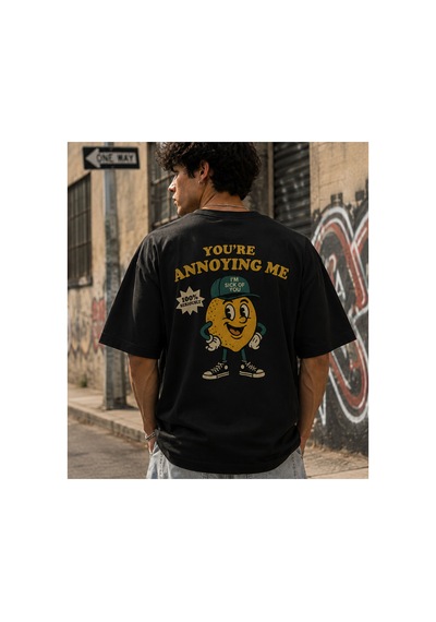 Qmen Style Unisex Siyah Oversize Baskılı T-shirt Limon %100 Pamuk