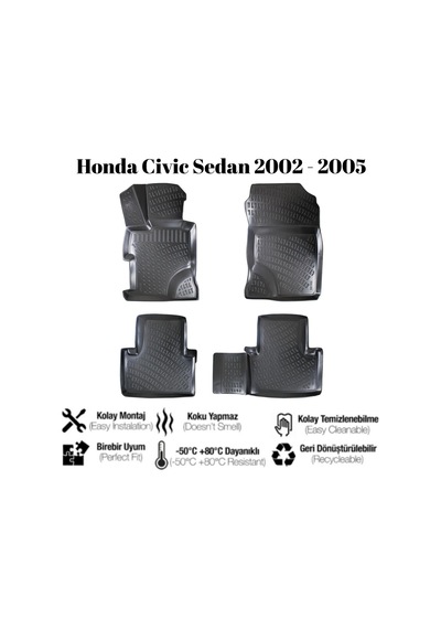 Honda Civic Sedan 2002 2003 2004 2005 İle Uyumlu Araca Özel 3d Havuzlu Paspas Takımı A+ Kalite 1 Adet
