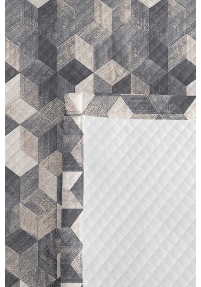 Gri Geometrik Modern Genç Odası Tek Kişilik Pike Takımı - Beyaz Küp 160x220 Cm Kapitone Yatak Örtüsü Altın