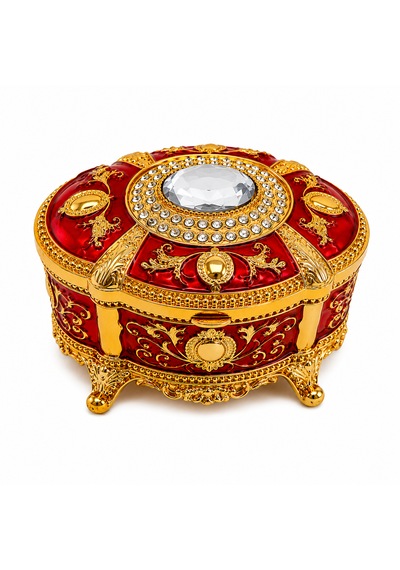 Kristal Taşlı Oval Mücevher Kutusu Kadife İç Kaplamalı Gold İşlemeli Takı Kutusu Dekoratif Saklama Kutusu Kırmızı