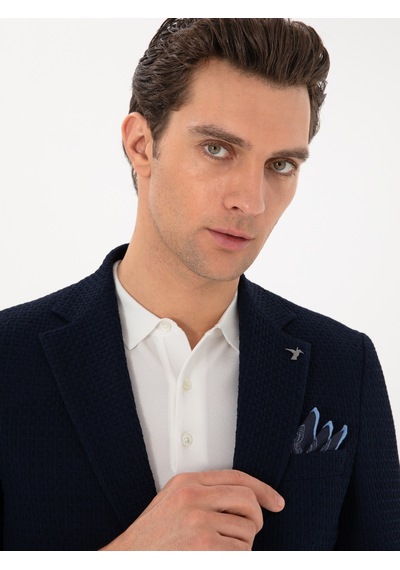 Cacharel Lacivert Slim Fit Dokulu Yün Karışımlı Ceket