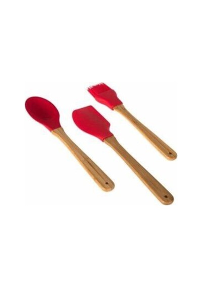 3'lü Bambu Saplı Silikon Kaşık Spatula Fırça Seti, Isıya Dayanıklı, Kırmızı Çok Renkli