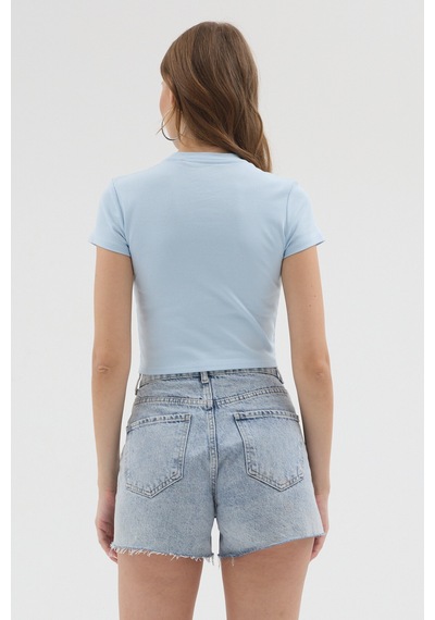 Urbantrendstore Kadın Bisiklet Yaka Likralı Kısa Kol Body Crop Bluz Günlük Şık Sade Yazlık Casual Crop Kadın Crop Mavi