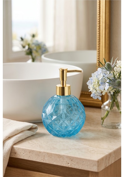 Boby Diamond Küre Cam Sıvı Sabunluk Gold Pompalı Kristal Desenli Dekoratif Banyo Ve Mutfak Dispenseri - 16 Cm X 10 Cm - 500ml - Mavi