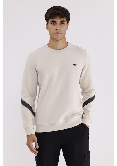 Rowinger Kol Şerit Detaylı Yuvarlak Yaka Göğüs Logolu Rahat Kalıp Mevsimlik Sweatshirt Beıge