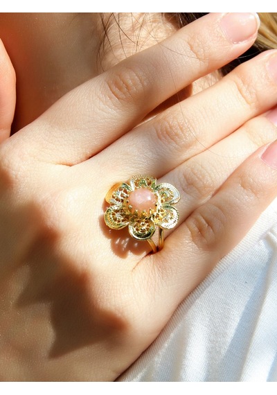 Esha Store Doğal Taş Pembe Kuvars Doğal Taşlı Çiçek Model Telkari Kadın Ayarlanabilir Altın Kaplama Yüzük Euy59 Pembe