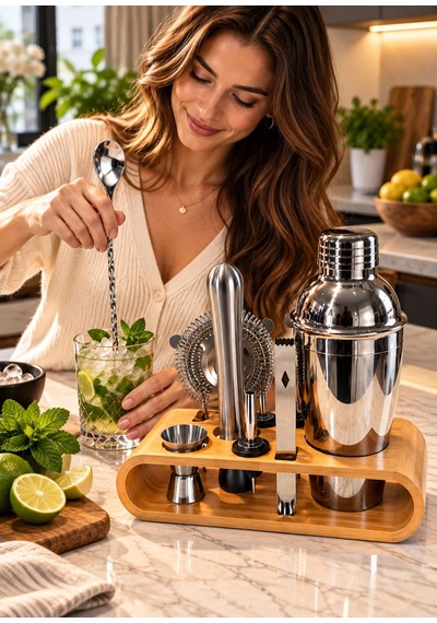10 Parça Bambu Standlı Kokteyl Shaker Seti 750 Ml
