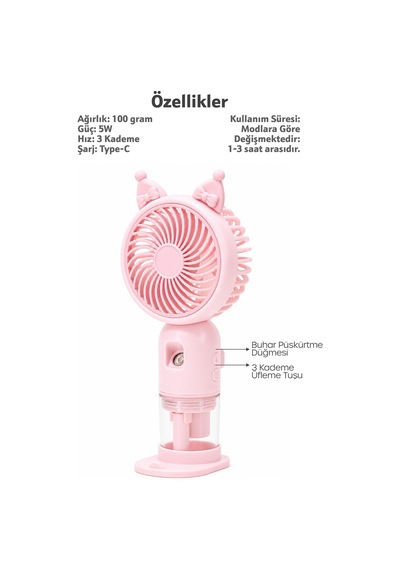 Buhar Üflemeli 3 Modlu Şarjlı El Fanı Seyahat Masaüstü Vantilatör Taşınabilir Mini Fan Pembe F830