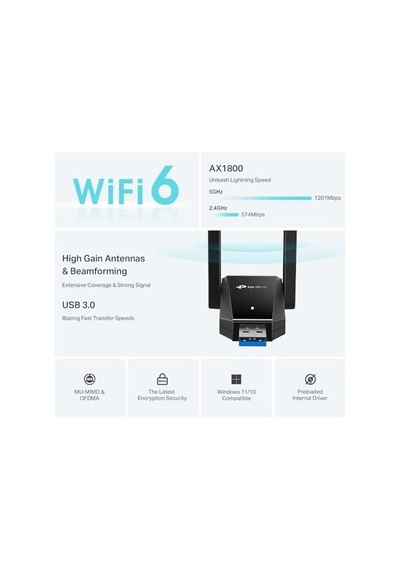 Tx30u Plus Wifi 6 Usb Adaptör Ax1800 1800 Mbps , Dual Band 5ghz/2.4ghz, Usb 3.0, Çift Yüksek Kazançlı Anten, Wpa3 Güvenlik, Windows 11/10 Uyumlu Kablosuz Adaptör