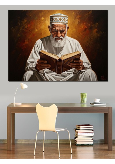 Ahşap Tablo Kutsal Kitap Okuyan Sakallı Alim