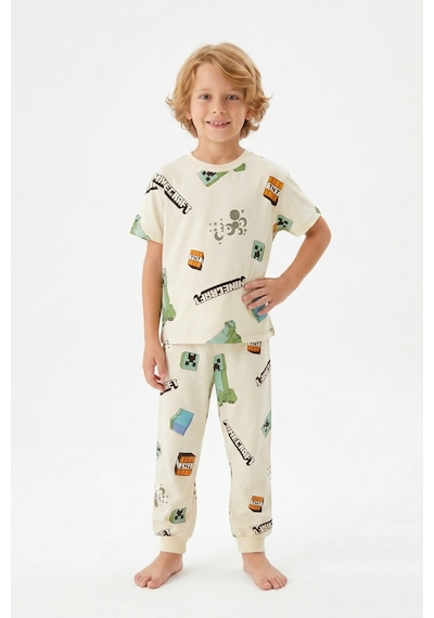 Bunny Hopp Yazlık Kısa Kollu Erkek Çocuk Pijama Takımı Oyun Desenli %100 Pamuk Krem
